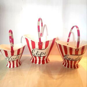 Vintage 50's "Davar" 3 Piece Ceramic Red & White Stripe Snack Bowl Set w/Handles